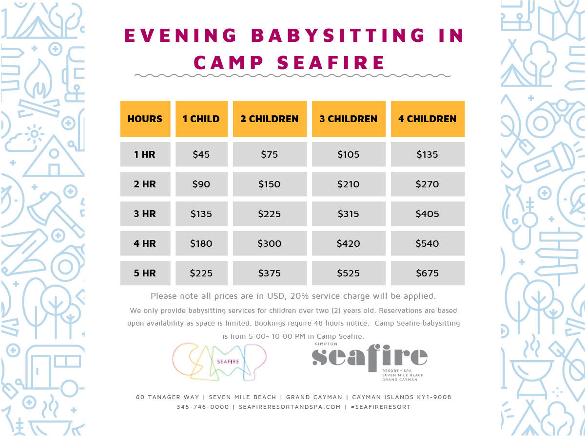 Graphic that shows evening babysitting at Camp Seafire prices